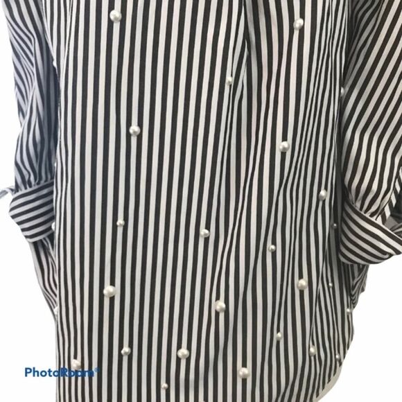 BCX Striped Pearl Off Shoulder Blouse Black White Stripes Size XS - Picture 6 of 8